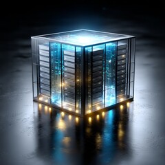 Poster - Data Cube: Futuristic Server Room Concept with Transparent Enclosure and Glowing Internal Components