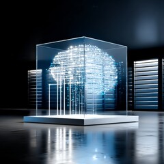 Fototapete - Digital Brain in Glass Cube: Conceptual Data Visualization and Artificial Intelligence Future