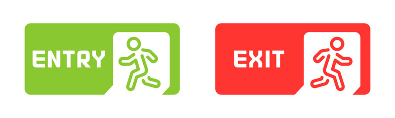 Poster - Entry and exit icons. Exit buttons. Evacuation icons. Flat style vector icons.