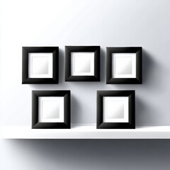 Poster - Elegant Black Picture Frames Arranged on a White Shelf Against a Bright Gray Wall, Casting Subtle Shadows