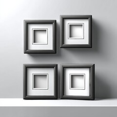 Poster - Framed Simplicity: Four Square Photo Frames Displayed on a White Shelf Against a Neutral Wall