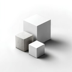 Poster - Minimalist Still Life: Three Cubes of Varying Sizes and Textures on a White Background