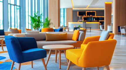 Poster - Modern lounge area features colorful chairs and cozy atmosphere, perfect for relaxation and socializing