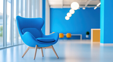 Poster - Modern blue chair stands elegantly bright, spacious room with large windows and vibrant blue walls, creating cheerful