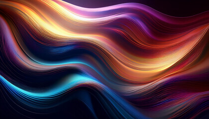 Poster - Colorful abstract lines flow together. Shades of blue, gold, and pink glow with subtle light. Wavy patterns give a sense of movement across dark background. Elegant and modern design element.