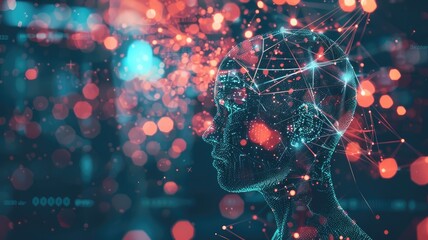 Poster - Explore the intersection of data visualization and artificial intelligence in this abstract image depicting a digital human profile filled with vibrant connections.