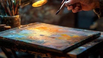 Poster - Person holding paintbrush while creating a colorful masterpiece on a blank canvas in art studio