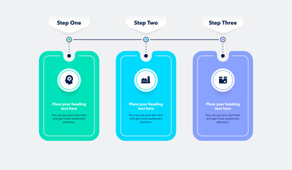 Aufkleber - Horizontal process flow diagram with three steps. Flat presentation template with minimalistic icons for data visualization.
