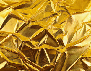 Poster - Golden foil texture. Shiny yellow metal surface with wrinkle effect. Bright and reflective background. Decorative gold paper abstract wallpaper. Wrinkled material detail.