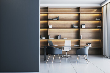 Poster - Modern elegant boss office interior with stylish furniture, wooden shelves, and glass table in minimalist workplace environment. 3D Rendering