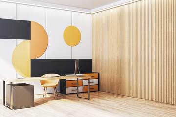 Poster - Modern executive office interior with minimalist desk and geometric wall decor in luxury workspace with wooden floor and vertical paneling. 3D Rendering