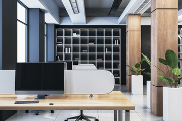Aufkleber - Modern open office interior with sleek wooden desks, large monitors, green plants, and minimalist bookshelves in a professional workspace. 3D Rendering