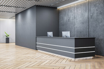 Poster - Modern dark office reception desk with computers in luxury loft interior with wooden parquet floor and concrete wall, company logo mockup concept. 3D Rendering