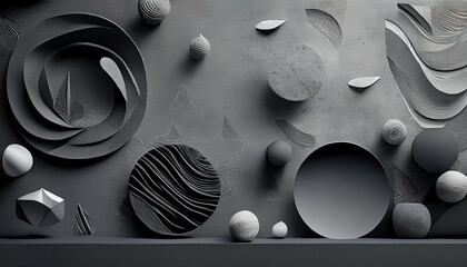 Poster - Gray textured forms. Circles and abstract shapes lie on a gray surface. Round balls and angular solids in a dark and light gray combination. Modern design elements.
