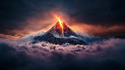 Poster - Glowing orange lava spewing from snow covered volcano peak, creating dramatic contrast between fiery molten rock and icy surrounding clouds, revealing raw geological power