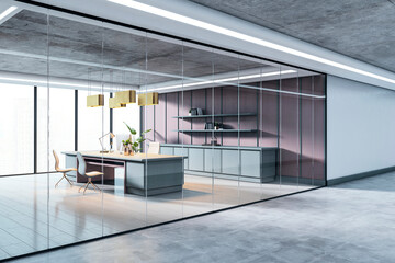 Aufkleber - Modern executive office with glass walls, luxury furniture, and a city view in a clean corporate workspace interior design concept. 3D Rendering