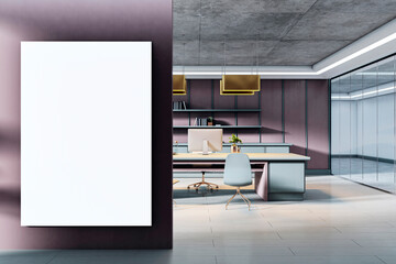 Aufkleber - Vertical blank poster mockup on wall near stylish modern boss office with desk and shelves, ideal for corporate or personal workspace design. 3D Rendering