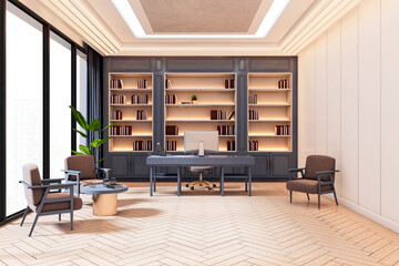 Poster - Modern luxury executive office interior with stylish furniture, wooden floor, large windows, desk setup, and built-in bookcase wall unit.. 3D Rendering