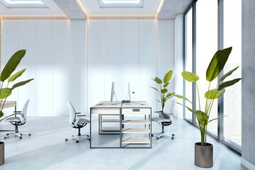 Aufkleber - Modern empty office interior with minimalist design, desk setup, glass windows, and green plants creating a bright corporate workspace environment. 3D Rendering