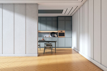 Aufkleber - Modern minimalist kitchen interior with wooden parquet floor, built-in cabinets, and cozy lighting in a bright apartment space. 3D Rendering