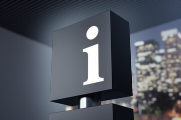 Aufkleber - Closeup of glowing information icon signage on black box structure indoors with blurred city skyline in background at night concept lighting. 3D Rendering