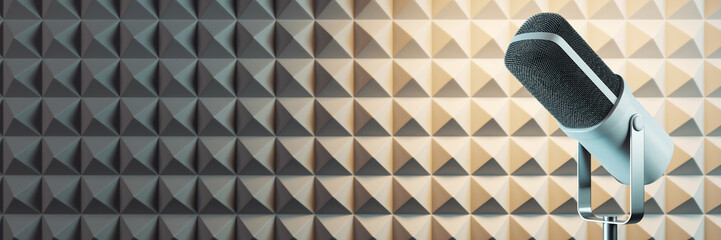 Poster - Modern microphone on stand with acoustic foam background, clean and minimalistic studio setting, perfect for podcast or music recording concept. 3D Rendering