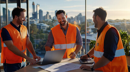 Poster - Group of cheerful construction workers collaborating on a project in a modern office with city skyline view through large windows at sunset