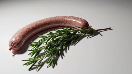 Poster - Fresh sausage lies gracefully on a pristine white background, adorned with a vibrant sprig of rosemary, creating a visually appealing culinary scene