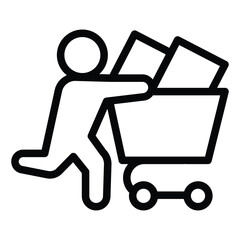 Poster - Man running with full cart line icon, black friday concept. Vector graphics. Buyer with purchase packages, shopping sign on white background, style for mobile or design.