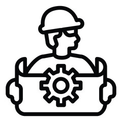 Poster - Engineer man with project and cogwheel line icon, neural dataset concept. Vector graphics. Developer, developing sign on white background, style for mobile or design.