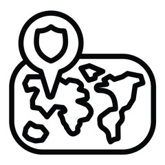 Poster - Map and location pin line icon, tropical voyage concept. Vector graphics. Pinpoint with safety badge, map sign on white background, style for mobile or design.