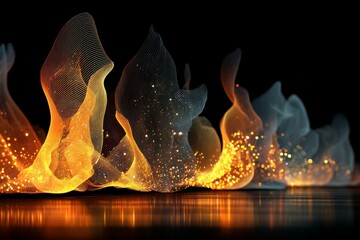 Poster - Dynamic abstract wireframe formations with sparkling light particles, glowing structures and reflective floor on a dark backdrop