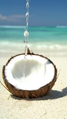 Poster - A fresh coconut on a sandy beach, half-open revealing the white flesh inside. Sunlight glints off the water, creating a serene mood. The scene captures the essence of tropical relaxation with vibrant 