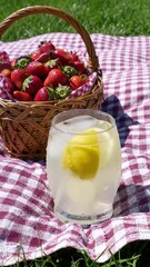 Poster - A vibrant outdoor picnic scene featuring a clear glass of lemonade with a lemon wedge, placed on a red and white checkered blanket beside a wicker basket brimming with fresh strawberries.