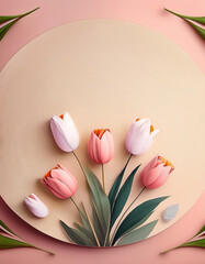 Poster - Pink tulips bloom on beige round surface. The flower buds have orange centers and green leaves. The background is light pink. Spring flowers and a circle create a calm scene.
