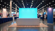 © KateBo - Horizontal banner mockup. Vertical blank banner mockup with table setup at modern business exhibition booth