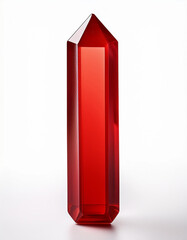 Aufkleber - Red Crystal Point. Sharp edges catch light. Single shiny object stands on a white surface. Abstract translucent gem shows bright color. Simple shapes form a long design. Clean and minimal style.