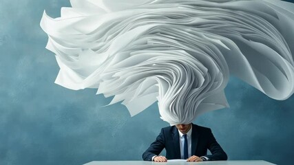Poster - Office worker managing large amounts of paperwork is stressed out by excessive workload, experiencing information overload and struggling with bureaucracy