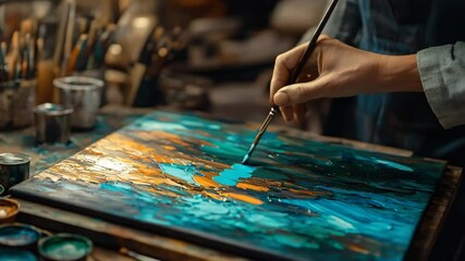 Poster - Creative individual painting on a large canvas with colorful paints in a bright, artistic studio space