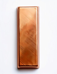 Aufkleber - Shiny bronze bar. Metal block on white surface. Rectangular metallic material. Industrial shape and design. Copper colored object. Metallic surface reflecting light. Simple geometric figure. 