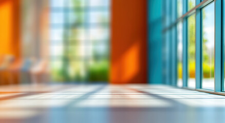 Poster - Bright and modern interior space with large windows allowing natural light to flood in, creating vibrant atmosphere