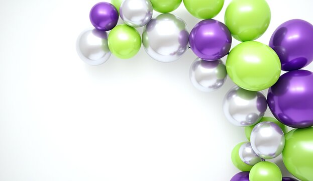 Shiny spheres in purple, green & silver, arc shape, white background