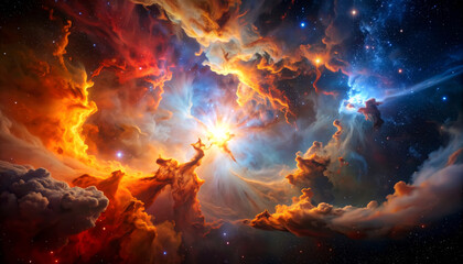 Wall Mural - stunning deep space nebula showcases vivid red and orange gas clouds, surrounded by dense starfield, creating mesmerizing cosmic scene that evokes wonder and awe