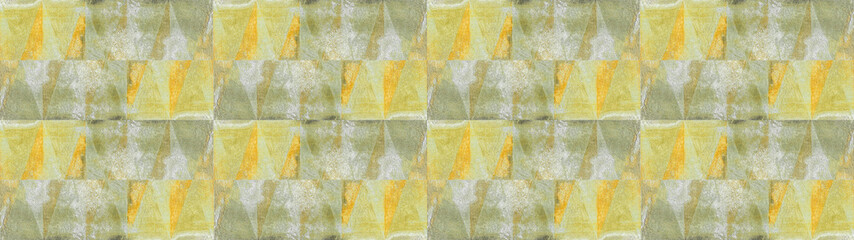 Leinwandbilder - Old green yellow vintage worn shabby patchwork triangular triangles motif tiles stone concrete cement wall texture background banner panorama, seamless pattern