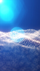 Poster - radiant burst of soft blue light above a shimmering field of glowing particles on a cool gradient ba