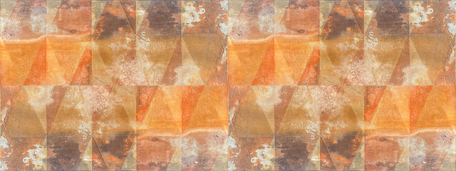 Leinwandbilder - Old brown orange rusty vintage worn shabby patchwork triangular triangles motif tiles stone concrete cement wall texture background banner panorama, seamless pattern