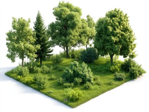 Lush green trees and plants in a grassy square patch