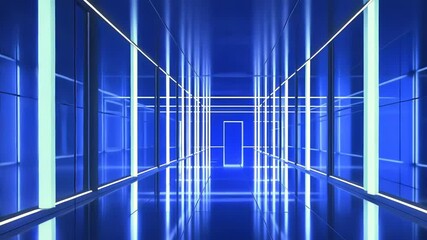 Illuminated blue tech corridor modern architecture and futuristic perspective