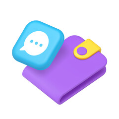 Poster - Banking financial customer support chat speech bubble with wallet 3d icon realistic vector illustration. Client assistance consulting business money help desk shopping paying savings budget balance
