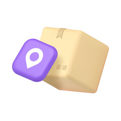 Poster - Delivery postal parcel courier online shopping order map tracking 3d icon realistic vector illustration. Cargo cardboard box shipping logistic distribution GPS navigation shipment transportation